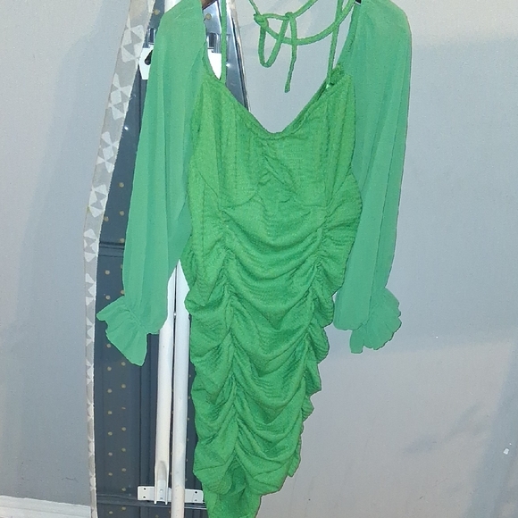 SHEIN Dresses & Skirts - Green Ruched Midi Dress With Sheer Long Sleeves 4x